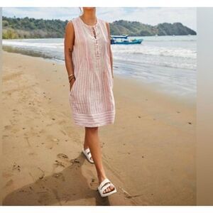 Faherty Sleeveless Linen Blend Dress Striped Casual Striped Pattern Coastal